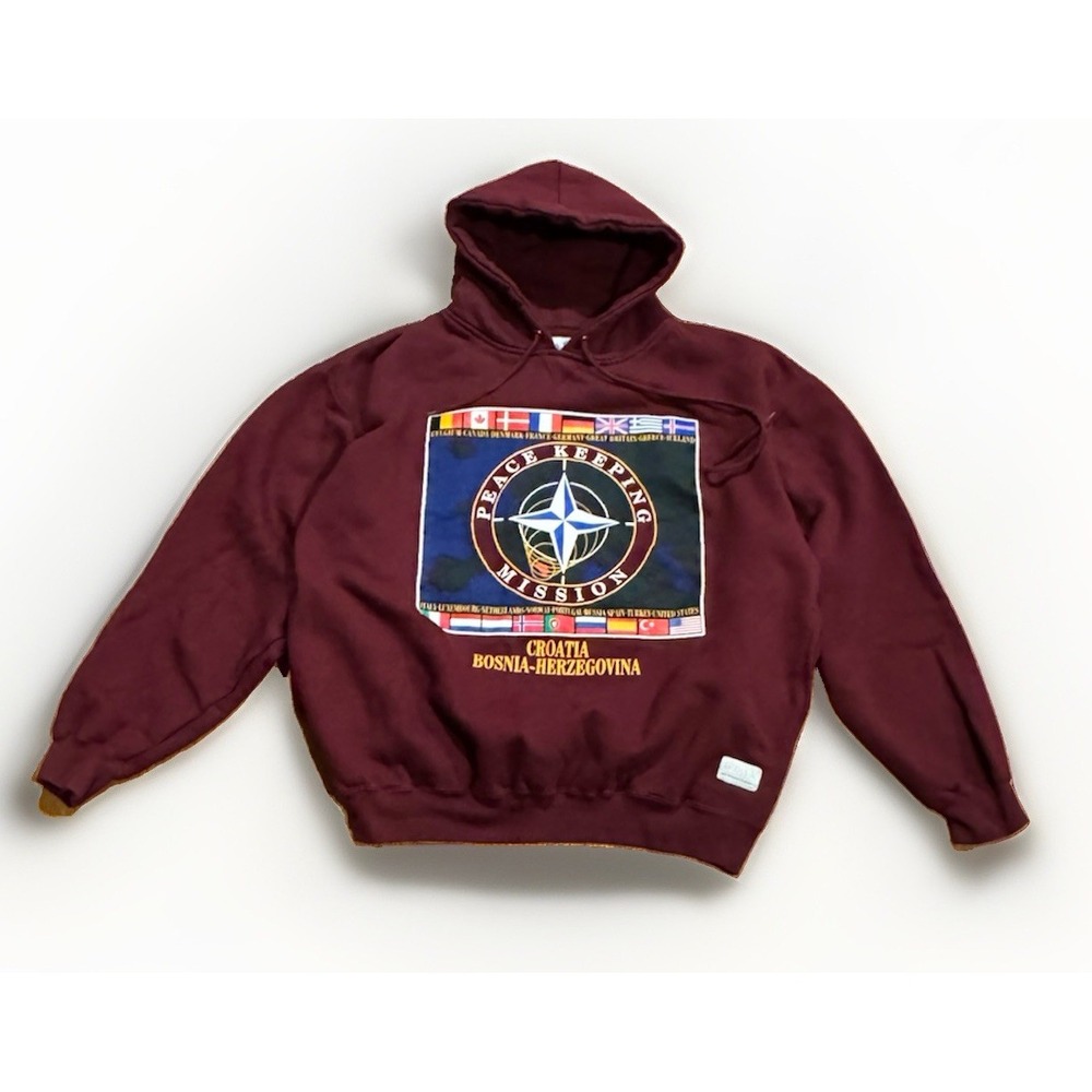 Vintage NATO Peacekeeping Mission Hoodie L Army Croatia Bosnia Compass 90s Rare